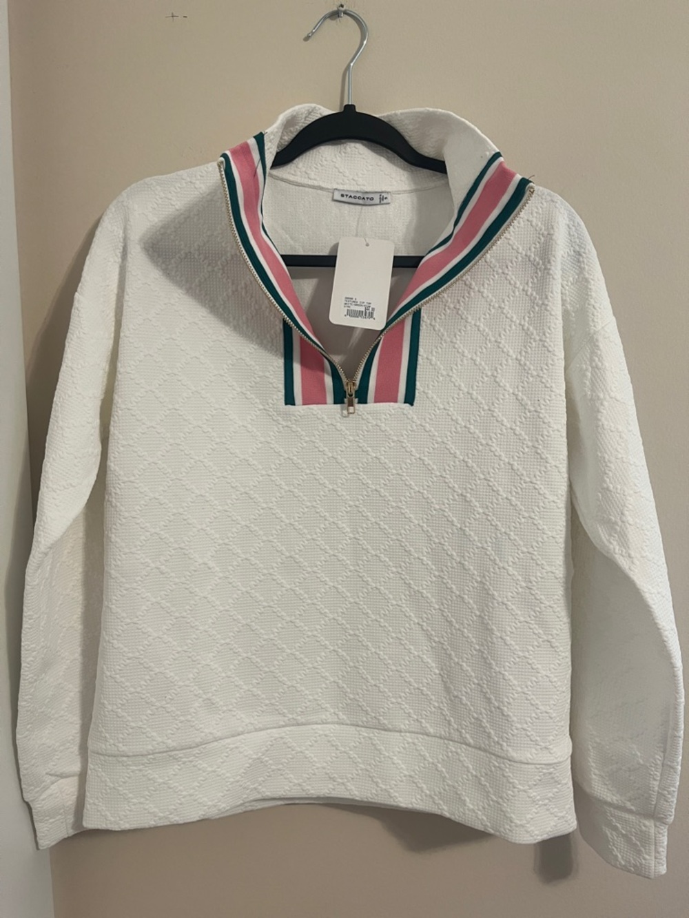 Staccato White Quilted Half-Zip Sweater with Pink & Green Stripe Trim